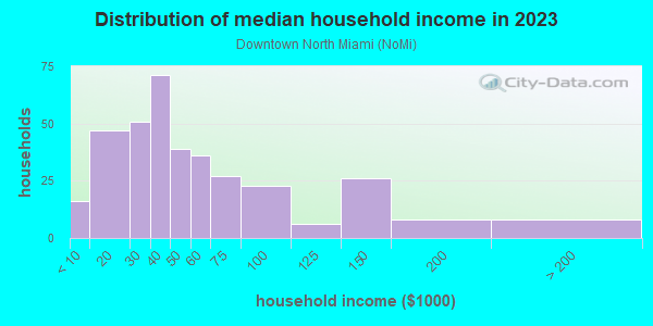 Household income distribution in 2013 in Downtown North Miami in Miami neighborhood in FL