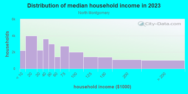 Household income distribution in 2013 in North Montgomery in Montgomery neighborhood in AL