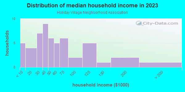 Household income distribution in 2013 in Holiday Village Neighborhood Association in Seminole neighborhood in FL