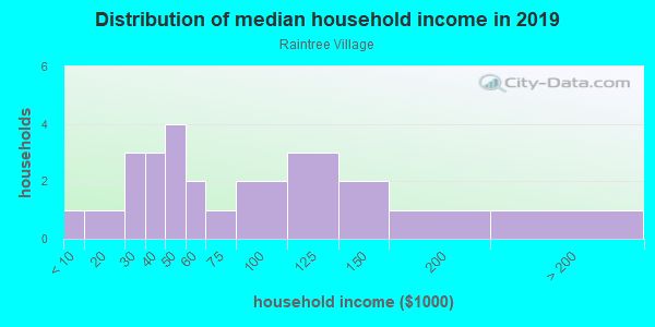 Household income distribution in 2013 in Raintree Village in Clearwater neighborhood in FL