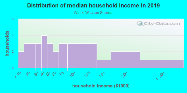 Household income distribution in 2013 in Weeki Wachee Shores in Spring Hill neighborhood in FL