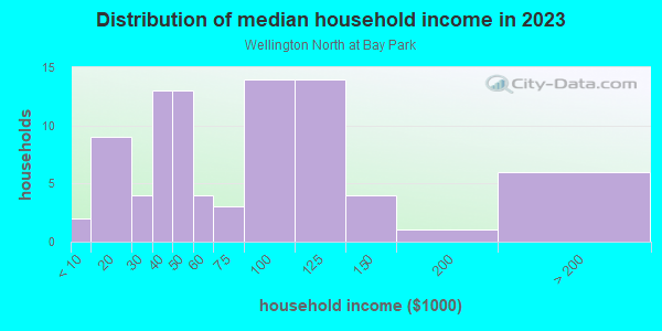 Household income distribution in 2013 in Wellington North at Bay Park in Ruskin neighborhood in FL