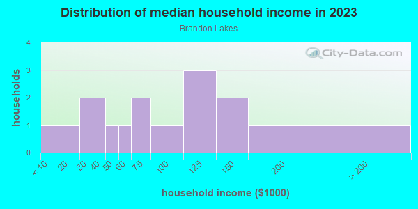 Household income distribution in 2013 in Brandon Lakes in Valrico neighborhood in FL