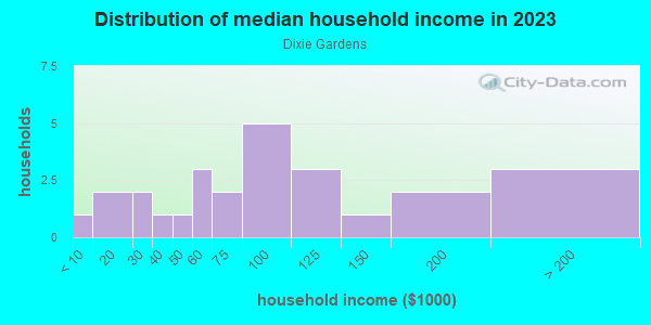 Household income distribution in 2013 in Dixie Gardens in Plant City neighborhood in FL