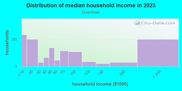 Household income distribution in 2013 in Downtown in Rome neighborhood in GA