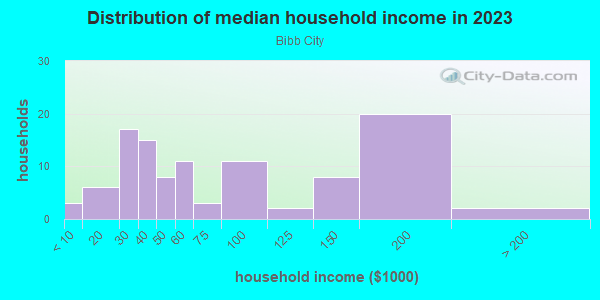 Household income distribution in 2013 in Bibb City in Columbus neighborhood in GA