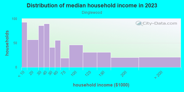 Household income distribution in 2013 in Dinglewood in Columbus neighborhood in GA