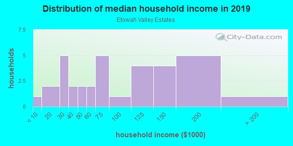 Household income distribution in 2013 in Etowah Valley Estates in Woodstock neighborhood in GA