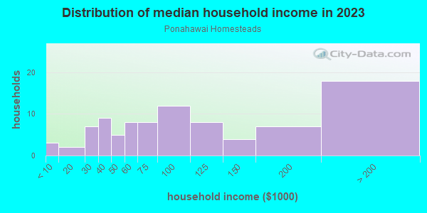 Household income distribution in 2013 in Ponahawai Homesteads in Hilo neighborhood in HI