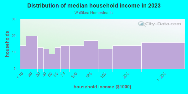 Household income distribution in 2013 in Waiākea Homesteads in Hilo neighborhood in HI