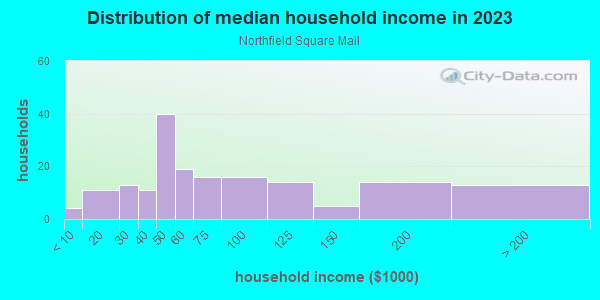 Household income distribution in 2013 in Northfield Square Mall in Bradley neighborhood in IL