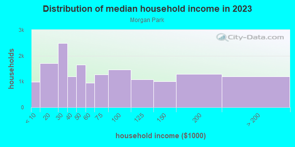 Household income distribution in 2013 in Morgan Park in Chicago neighborhood in IL