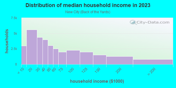 Household income distribution in 2013 in New City in Chicago neighborhood in IL