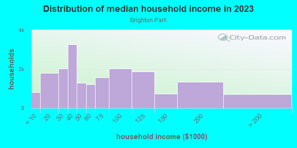 Household income distribution in 2013 in Brighton Park in Chicago neighborhood in IL