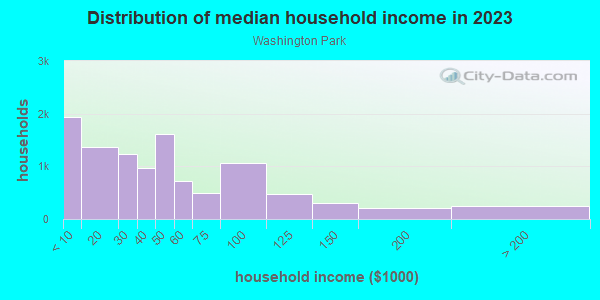 Household income distribution in 2013 in Washington Park in Chicago neighborhood in IL