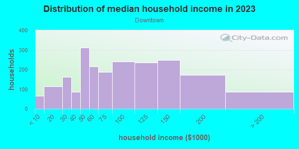 Household income distribution in 2013 in Downtown in Hobart neighborhood in IN