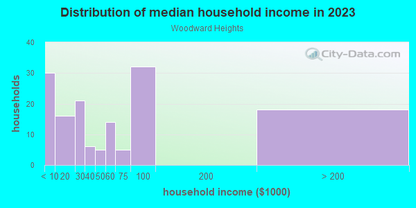Household income distribution in 2013 in Woodward Heights in Lexington neighborhood in KY