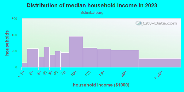 Household income distribution in 2013 in Schnitzelburg in Louisville neighborhood in KY