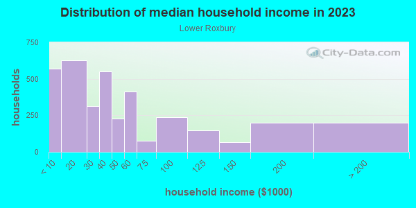 Household income distribution in 2013 in Lower Roxbury in Boston neighborhood in MA