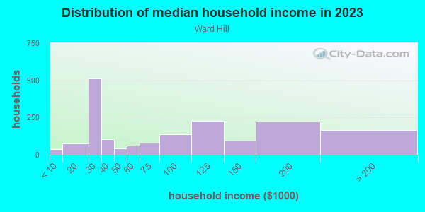 Household income distribution in 2013 in Ward Hill in Haverhill neighborhood in MA