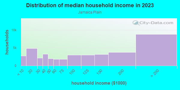 Household income distribution in 2013 in Jamaica Plain in Jamaica Plain neighborhood in MA