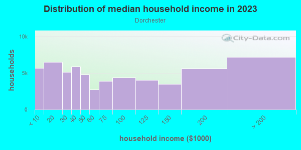Household income distribution in 2013 in Dorchester in Boston neighborhood in MA