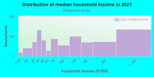 Household income distribution in 2013 in Montgomery Knolls in Silver Spring neighborhood in MD