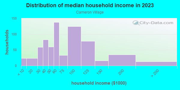 Household income distribution in 2013 in Cameron Village in Baltimore neighborhood in MD