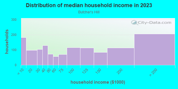 Household income distribution in 2013 in Butcher's Hill in Baltimore neighborhood in MD