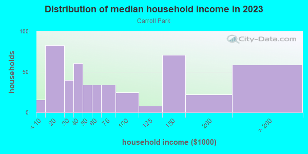 Household income distribution in 2013 in Carroll Park in Baltimore neighborhood in MD