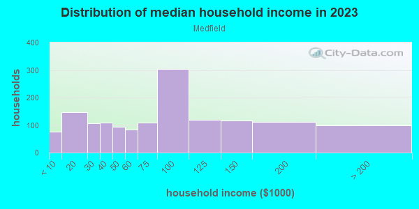 Household income distribution in 2013 in Medfield in Baltimore neighborhood in MD