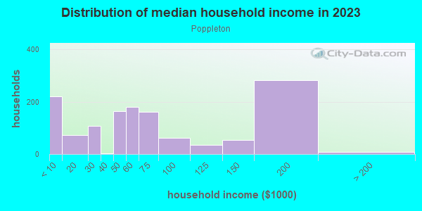 Household income distribution in 2013 in Poppleton in Baltimore neighborhood in MD