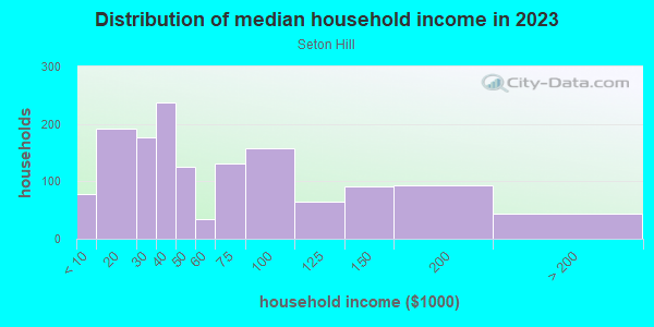 Household income distribution in 2013 in Seton Hill in Baltimore neighborhood in MD