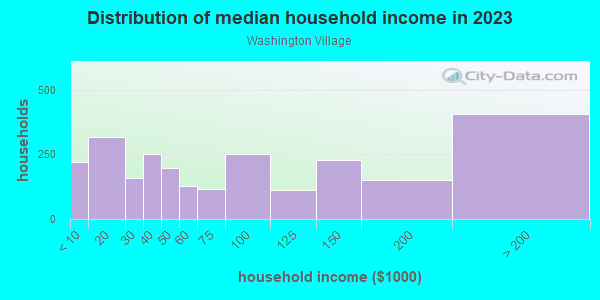 Household income distribution in 2013 in Washington Village in Baltimore neighborhood in MD