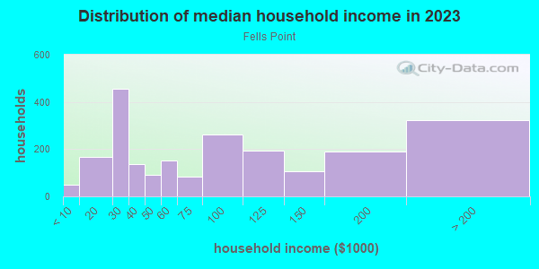 Household income distribution in 2013 in Fells Point in Baltimore neighborhood in MD