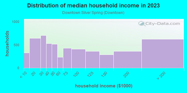 Household income distribution in 2013 in Downtown Silver Spring in Silver Spring neighborhood in MD