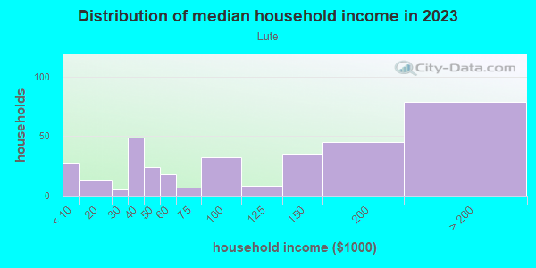 Household income distribution in 2013 in Lute in Silver Spring neighborhood in MD