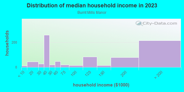 Household income distribution in 2013 in Burnt Mills Manor in Silver Spring neighborhood in MD