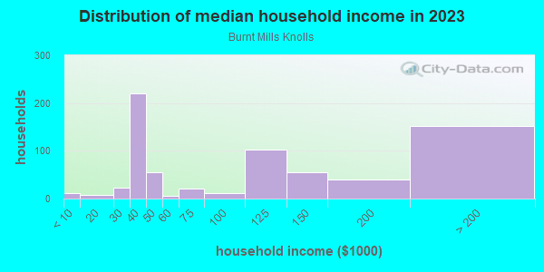 Household income distribution in 2013 in Burnt Mills Knolls in Silver Spring neighborhood in MD