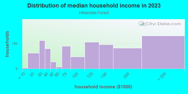 Household income distribution in 2013 in Hillandale Forest in Silver Spring neighborhood in MD