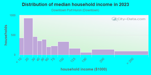 Household income distribution in 2013 in Downtown Port Huron in Port Huron neighborhood in MI