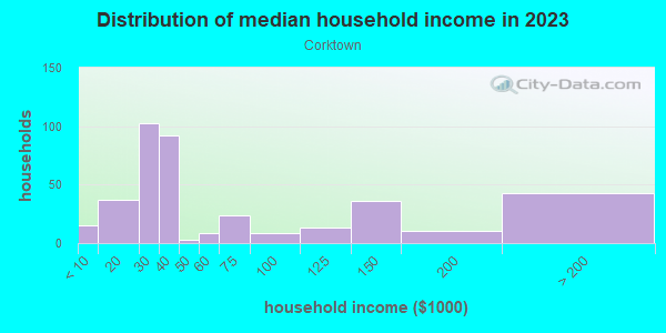 Household income distribution in 2013 in Corktown in Detroit neighborhood in MI
