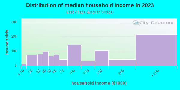 Household income distribution in 2013 in East Village in Detroit neighborhood in MI
