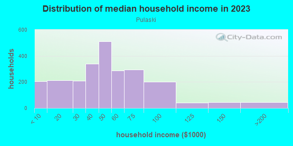 Household income distribution in 2013 in Pulaski in Detroit neighborhood in MI