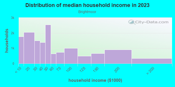 Household income distribution in 2013 in Brightmoor in Detroit neighborhood in MI