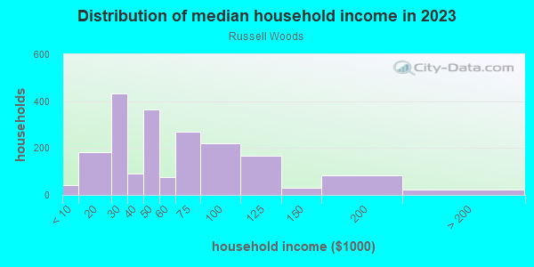 Household income distribution in 2013 in Russell Woods in Detroit neighborhood in MI