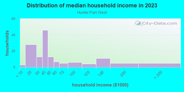 Household income distribution in 2013 in Hunter Park West in Lansing neighborhood in MI