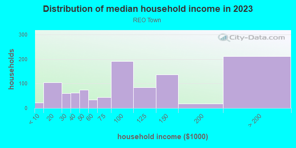 Household income distribution in 2013 in REO Town in Lansing neighborhood in MI