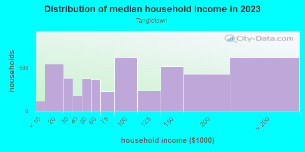 Household income distribution in 2013 in Tangletown in Minneapolis neighborhood in MN