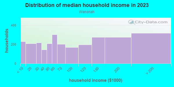 Household income distribution in 2013 in Wenonah in Minneapolis neighborhood in MN